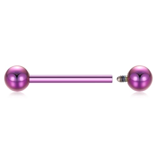PEAKLINK Internally Threaded Nipple Rings Titanium Nipple Bars Piercing Jewelry 1 Pair Tongue Rings Eyebrow Jewelry Bridge Piercings - color: Purple Nipple Straight Barbell