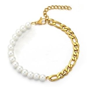 Pearl Spliced Stainless Steel Figaro Chain Bracelet, Hip Hop Style, Adjustable, for Women - color: Gold Plated