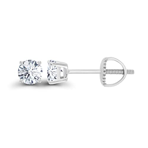 14K Gold Plated 925 Sterling Silver Hypoallergenic 4mm Round Genuine Birthstone Solitaire Screwback Stud Earrings - color: White Sapphire Created