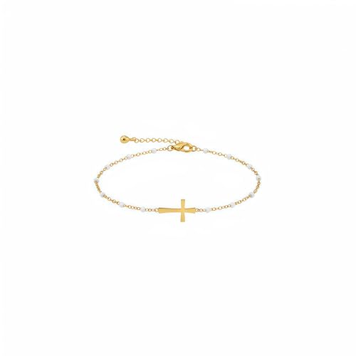 18K Gold Plated Pearl Beaded Cross Bracelets for Women Adjustable Stainless Steel Dainty Thin Gold Box Cuban Twisted Link Chain Bracelet Bridesmaid Jewelry Gifts - color: White Cross-Gold