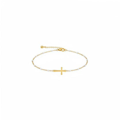 18K Gold Plated Pearl Beaded Cross Bracelets for Women Adjustable | Stainless Steel Dainty Thin Gold Box Cuban Twisted Link Chain Bracelet Bridesmaid Jewelry Gifts for Birthday, Anniversary - color: White Cross-Gold