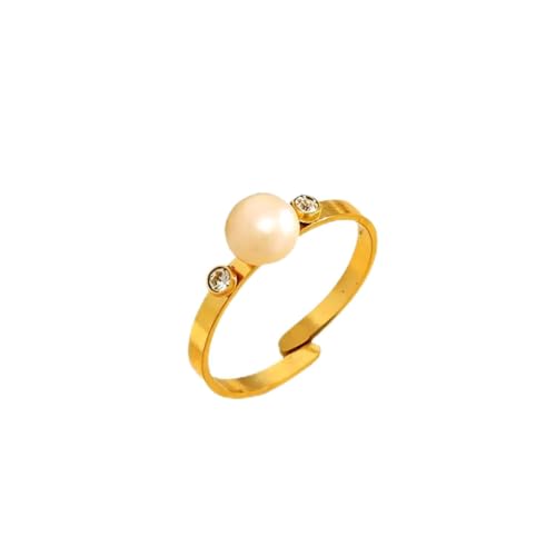 18K Gold Plated Adjustable Rings for Women, 316L Stainless Steel Open Band Gold Jewelry Collection, Hypoallergenic Size 6-9 Adjustable Stackable Rings, Tarnish Free Trendy Gift for Her - color: Dual CZ Pearl