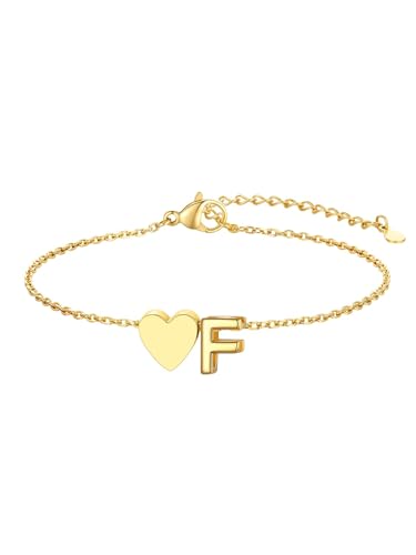 KeyStyle Initial Heart Bracelet for Women Waterproof Stainless Steel Chain | 14K Gold Plated /Silver A-Z Letter Adjustable Charm Bracelet, Hypoallergenic Non Tarnish Dainty Gift for Everyday Wear - color: 14K Gold Plated-F