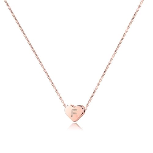 Turandoss Tiny Heart Initial Necklaces for Girls | 14K Rose Gold Plated Heart Pendant Handmade Dainty Letter Initial Necklaces for Teen Girls Jewelry - color: F