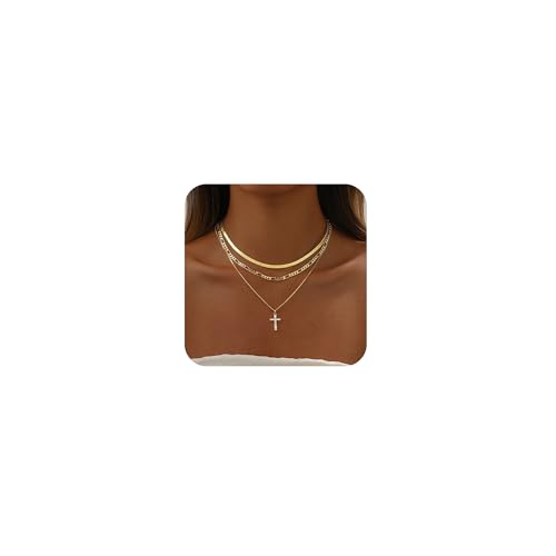 Gold Necklace for Women 14K Gold Plated Layered Cross Bar Necklace Herringbone Figaro Paperclip Flat Chain Cute Charm Accessories Non Tarnish Jewelry Set Gifts for Women - style: R-NK-07-CZ cross-GD