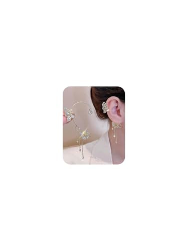 2Pcs Butterfly Ear Cuffs Rhinestone Clip On Earrings | Rhinestone butterfly ear cuffs with non piercing clip on design; silver ear wrap climber jewelry for parties and weddings - style: Style D Gold