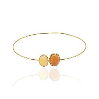 Memoria Bezel Opal Double Gemstone Cuff Bangle With 18K Solid Yellow Gold | Minimalist Oval Shape Opal Adjustable Indian Bangle Gift For Her | Simple Wear Cuffs Christmas Jewelry