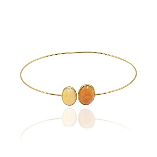 Memoria Bezel Opal Double Gemstone Cuff Bangle With 18K Solid Yellow Gold | Minimalist Oval Shape Opal Adjustable Indian Bangle Gift For Her | Simple Wear Cuffs Christmas Jewelry
