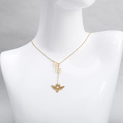 18K Gold Plated Stainless Steel Bee Honeycomb Pendant Necklace, Adjustable Y Lariat Conch/Guitar/Horseshoe Necklace for Women - color: Gold, style: Bee