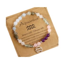XAM 12 Zodiac Stone Beaded Bracelet - Natural Gemstone & Stainless Steel Charm Constellation Jewelry - color: F