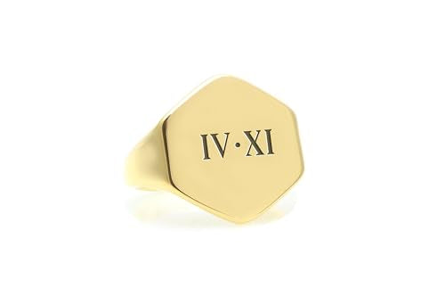 Personalized Roman Numbers Gold Ring - Engraved Initials Design - Custom Gold Signet - Unisex Jewelry