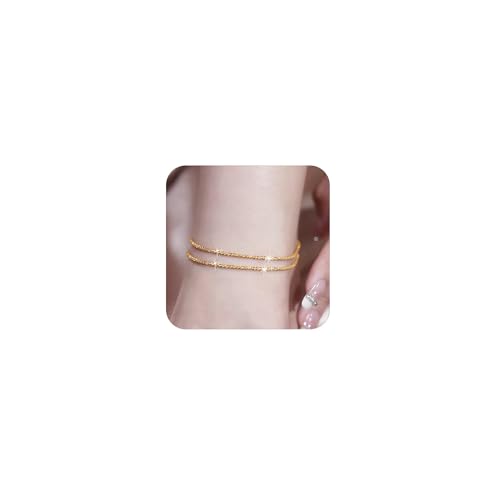 Nanafast Women's Ankle Bracelets, Sparkling Multi-layer Anklet Bracelets for Women, Adjustable Shiny Gold/Silver Anklets for Women, Beach Cute Anklets Jewelry for Summer - color: 2layersGold