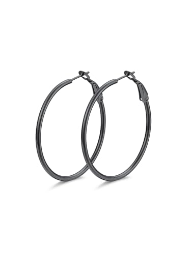 FindChic Thin Hoop Earrings for Women,Silver/Black/Gold Plated 20-100mm - color: Black, size: 40mm