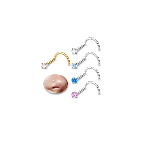 20G Nose Rings for Women, L Shaped Nostril Piercing Studs | 316L Stainless Steel, 0.8 mm×7 mm, 2 mm CZ or 3-4 mm Heart, Star, Moon and Cross, Gold-Tone or Silver-tone, Daily Wear - style: Style B