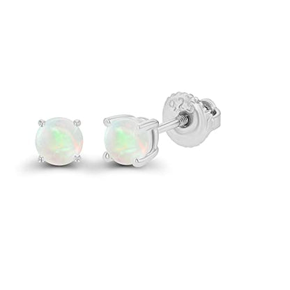 14K Gold Plated 925 Sterling Silver Hypoallergenic 4mm Round Genuine Birthstone Solitaire Screwback Stud Earrings - color: Opal Genuine