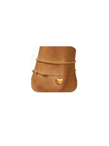 Waterproof Gold Plated Layered Anklets for Women Daisy/Herringbone/Heart Charm/Bead Chain Non Tarnish Stainless Steel Summer Foot Jewelry Gift for Her, with Gift Box - color: 3. glitter chain+ heart charm