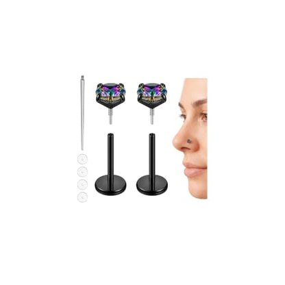Hypoallergenic Nose Studs Flat Back Screw Ear Studs 18K Gold Plated 316 Stainless Steel, CZ Studs for Nose, Ear, Lip, Vertical Labret Piercing Jewelry, 2-5mm CZ 6-8mm Post with 1 Taper,4 Silicone Pads - color: Black, size: 5mm