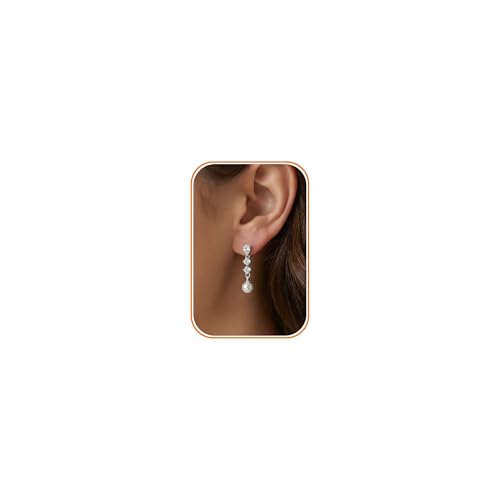 Pearl Earrings - 14K Gold/White Gold/Rose Gold Plated Cubic Zirconia CZ Diaomond Accented Pearl Drop Dangle Earrings for Women Wedding Bridal Prom - color: Silver 3pcs cz