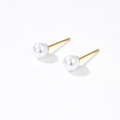 Pearl Stud Earrings for Women Gold/Silver Plated 3mm 4mm 5mm 6mm 8mm Pearl Earrings Dainty Hypoallergenic Earrings - color: Gold, size: 6 Millimeters