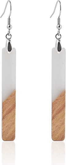 Boho Dangling Statement Earrings Simple Chic Wooden Earrings, Resin Geometric Bar Pendant Wood Earrings - color: white