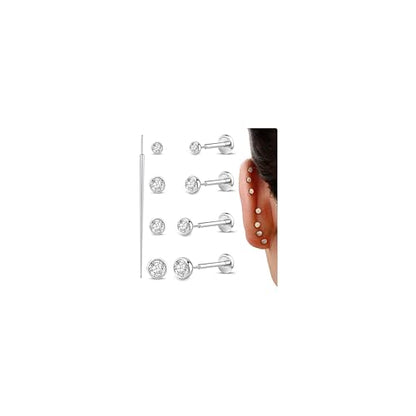 GEMQUEEN 4 Pairs 16G/18G/20G G23 Titanium Implant Grade Nose Studs Threadless Flat Back Earrings Hypoallergenic Flatback 5A CZ Cartilage Helix Tragus Conch Tiny Lip Piercing Jewelry for Women Men - color: Pure Titanium-18G(1.0MM)-Bar-6/8MM&CZ-2/3/4MM