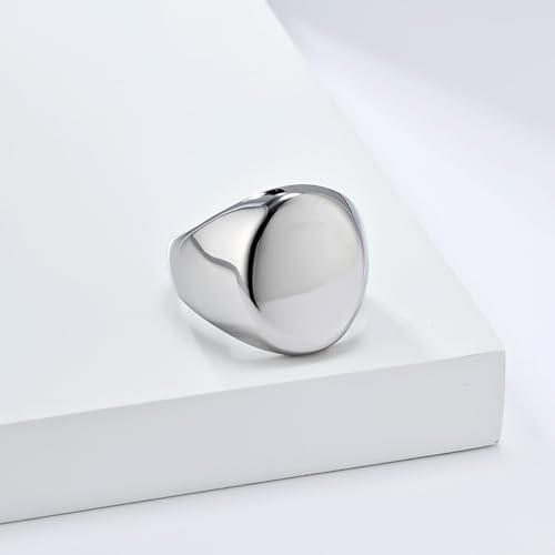 Men's Fashion Stainless Steel Oval Signet Ring Big Wide Solid Biker Band Polished Comfort Fit Silver/Gold/Black - color: Silver
