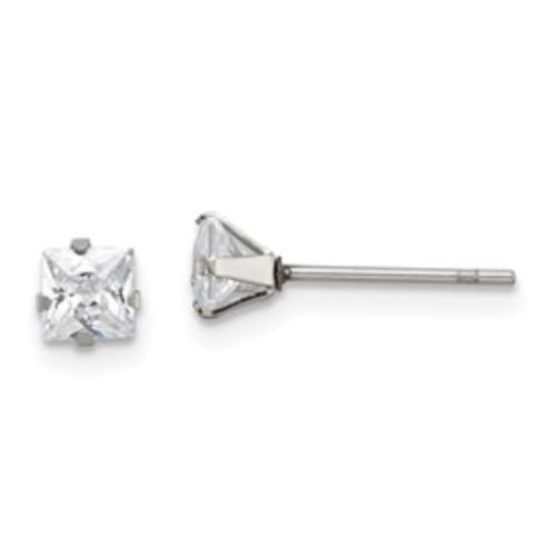 Diamond2Deal Stainless Steel Polished 4mm Square Cubic Zirconia Stud Earrings Len-0.18 In, Wid-0.18 In