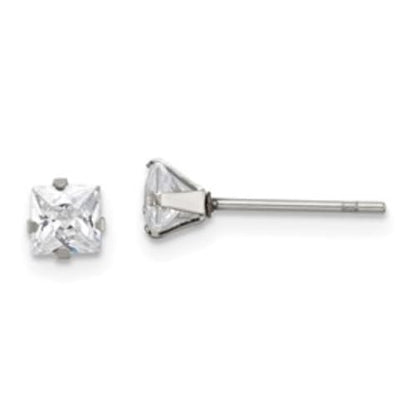 Diamond2Deal Stainless Steel Polished 4mm Square Cubic Zirconia Stud Earrings Len-0.18 In, Wid-0.18 In