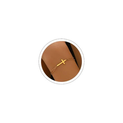 18K Gold Plated Pearl Beaded Cross Bracelets for Women Adjustable Stainless Steel Dainty Thin Gold Box Cuban Twisted Link Chain Bracelet Bridesmaid Jewelry Gifts - color: Double O Cross-Gold