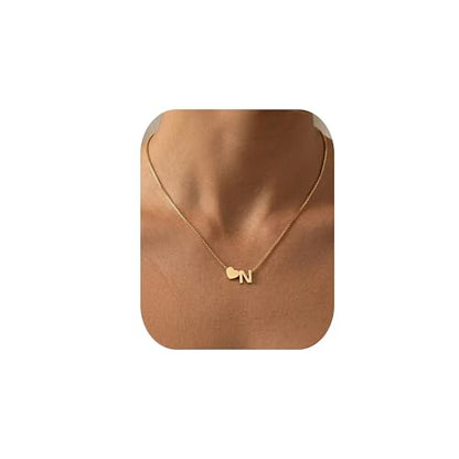18K Real Gold Plated Heart Initial Necklace for Women-Personalized A-Z Letter Pendant on Durable Stainless Steel Box Chain (16+2.5 inch Adjustable) Hypoallergenic Everyday Jewelry Gift Boxed for Mom Wife - style: Gold:N