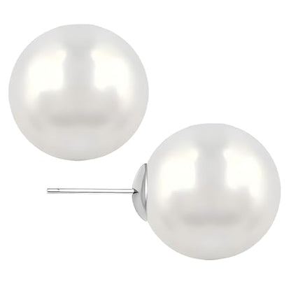 White Faux Pearl Stud Earrings, S925 Silver Posts Hypoallergenic for Women - color: White, size: 12mm