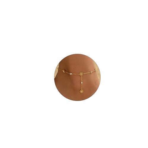 Gold Anklet for Women 18K Gold Plated Daisy Pearl CZ Foot Chain Star Flower Cross Ankle Bracelet Dainty Waterproof Beach foot jewelry for women sexy - color: Flower CZ-Gold