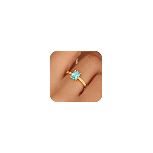 Honsny Gold Birthstone Rings for Women Non Tarnish 14K Gold Plated Emerald Engagement Promise Rings CZ Stackable Dainty Gemstone Pinky Eternity Band Ring Jewelry Birthday Gifts - color: Light Blue March, size: 6