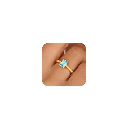 Honsny Gold Birthstone Rings for Women Non Tarnish 14K Gold Plated Emerald Engagement Promise Rings CZ Stackable Dainty Gemstone Pinky Eternity Band Ring Jewelry Birthday Gifts - color: Light Blue March, size: 7