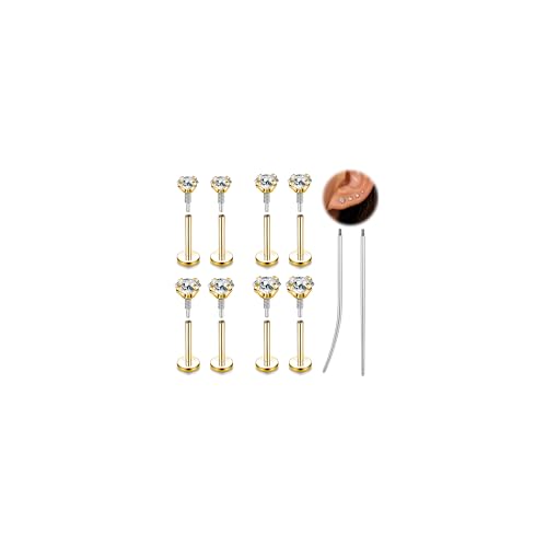 16G 18G Tragus Piercing Labret Medusa Jewelry Flat Back Earrings Nose Stud | Long Internally Threaded Monroe Lip Rings Surgical Steel CZ Cartilage Helix Studs Conch Piercings - color: Gold, size: 1.0mm=18G,BL:5mm