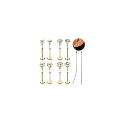 16G 18G Tragus Piercing Labret Medusa Jewelry Flat Back Earrings Nose Stud | Long Internally Threaded Monroe Lip Rings Surgical Steel CZ Cartilage Helix Studs Conch Piercings - color: Gold, size: 1.0mm=18G,BL:6mm