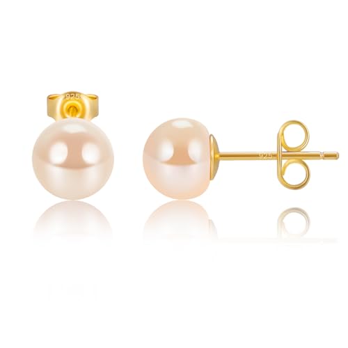EAMTI Pearl Earrings for Women Trendy 18K Gold Plated Sterling Silver Freshwater Cultured Pearl Stud Earrings Hypoallergenic 5.5-9.5MM - color: Peach-pink, size: 6.6-7.5mm