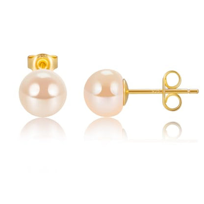 EAMTI Pearl Earrings for Women Trendy 18K Gold Plated Sterling Silver Freshwater Cultured Pearl Stud Earrings Hypoallergenic 5.5-9.5MM - color: Peach-pink, size: 6.6-7.5mm