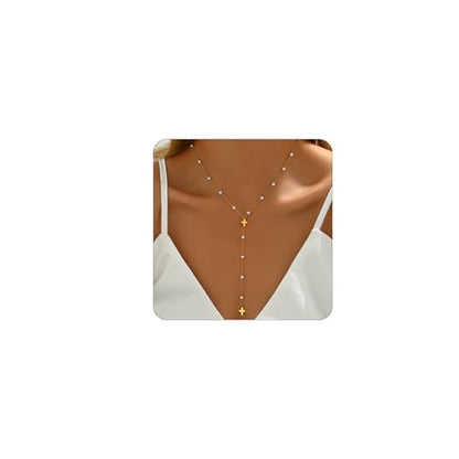 18K Gold Plated Minimalist Drop Y-Shaped Necklace for Women | Simple Lariat Necklace, Minimalist Everyday Jewelry,Y-Shaped Necklace - style: Y Pearl Cross-Gold