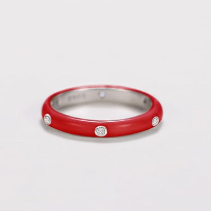 Stackable Enamel Ring 925 Sterling Silver Cubic Zirconia Rainbow Eternity Stacking Band Rings for Women 7（Red） - color: Red, size: 7