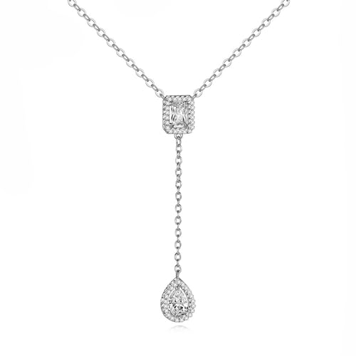 Gold Plated Geometric Style Sparkly Dainty Rectangle Teardrop Shaped AAAAA Australia Crystal with Cubic Zirconia Y Necklace Fashion Jewelry for Women & Teen Girls - color: Teardrop Y Necklace WG
