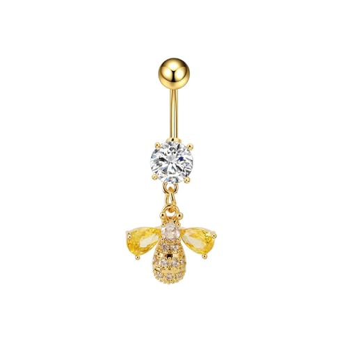 14G Bee Dangle Belly Button Ring, Cubic Zirconia Crystal Honeybee Navel Piercing Barbell Belly Body Jewelry for Women - color: Gold
