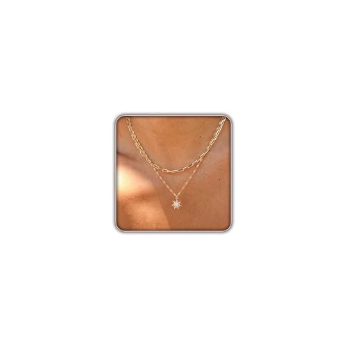 Layered Gold Necklace for Women Trendy,14K Gold Plated Dainty Stackable Cuban Link Herringbone Paperclip Chain Diamond/Coin/Cross/Tag/Mobius Pendant Necklace Set Fashion Jewelry Christmas Gifts - color: Gold Opal Sun Pendant