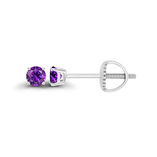 14K Gold Plated 925 Sterling Silver Hypoallergenic 3mm Round Genuine Birthstone Solitaire Screwback Stud Earrings - color: Amethyst