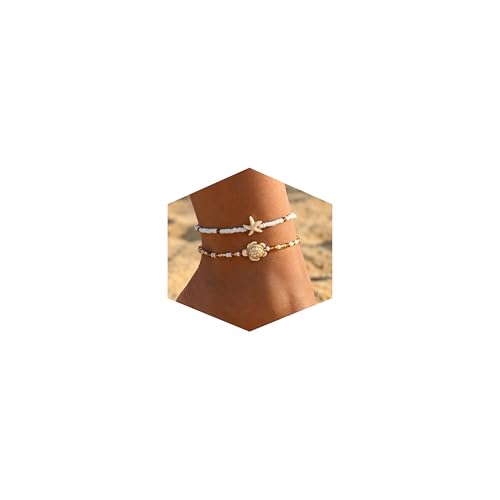 Fesciory Shell Ankle Bracelets for Women, Gold Plated Boho Beach Anklet Set | Adjustable Pearl Bead Anklet Set with Starfish, Conch and Seashell Charms for Beach Outfits, Vacations, Parties and Gifts - color: Gold-1