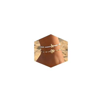 Fesciory Shell Ankle Bracelets for Women, Gold Plated Boho Beach Anklet Set | Adjustable Pearl Bead Anklet Set with Starfish, Conch and Seashell Charms for Beach Outfits, Vacations, Parties and Gifts - color: Gold-1