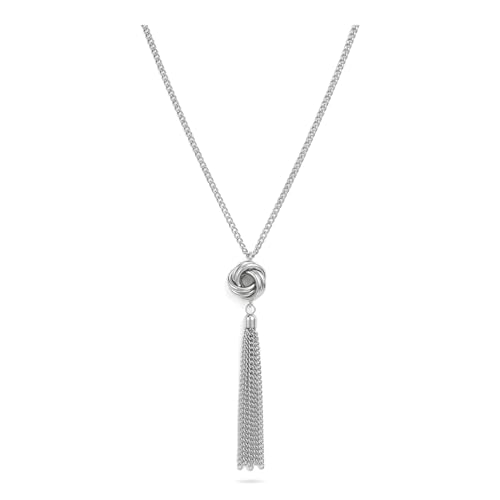 Long Silver Tone Tassel Necklace for Women Trendy Western Jewelry Knot Pendant Statement Snake Chain Lovely Charm for a Great Present