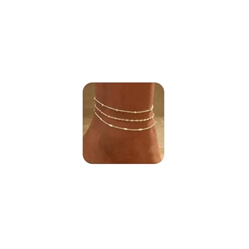 Gold Ankle Bracelets for women,14k Gold/Silver Plated Waterproof Layered lightweight Bow Beaded Twisted Chain Cross Butterfly Satellite Ankle Bracelets Set Gold Anklets for women Trendy Summer Beach Jewelry Gift for Women - style: 3 anklets twisted satell