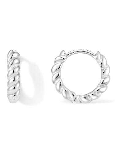 Fiusem 14K Gold Plated Huggie Hoop Earrings for Women | 8/10/12 Hypoallergenic Small Twisted beaded Huggie Earrings - color: Silver Twisted, size: 8MM