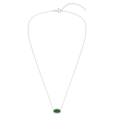 Belacqua Gemstone Necklace in Sterling Silver,Halo Pendant with Accent, Oval Cut 6 * 12mm, 15" Cable Chain with 2" Extender, Spring Ring Clasp, Dainty Birthstone Necklace for Women, Gift Box Included - color: 05-May-Emerald Green